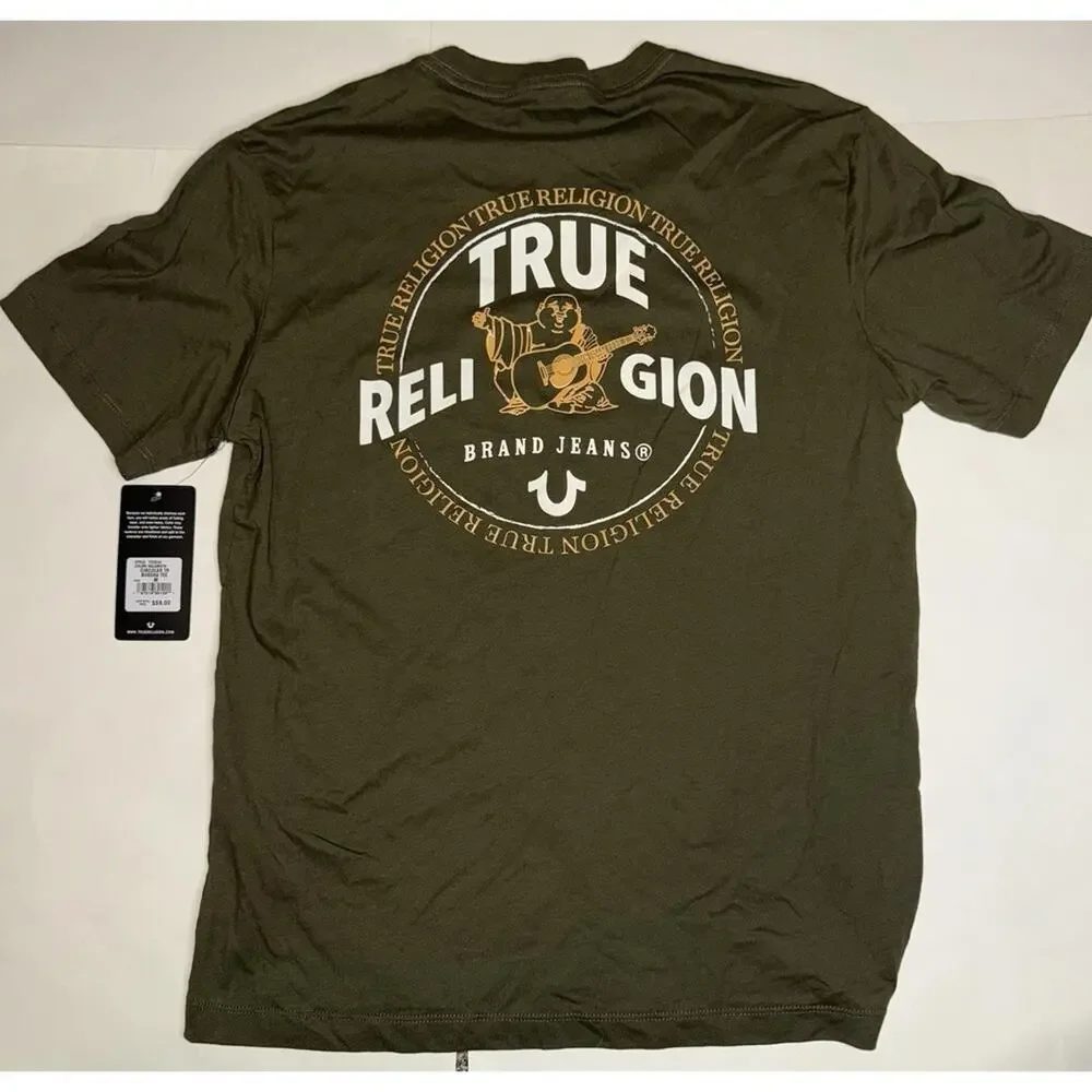 True Religion Buddha Logo Tee Mens M Green Kalamata Circular Back NWT